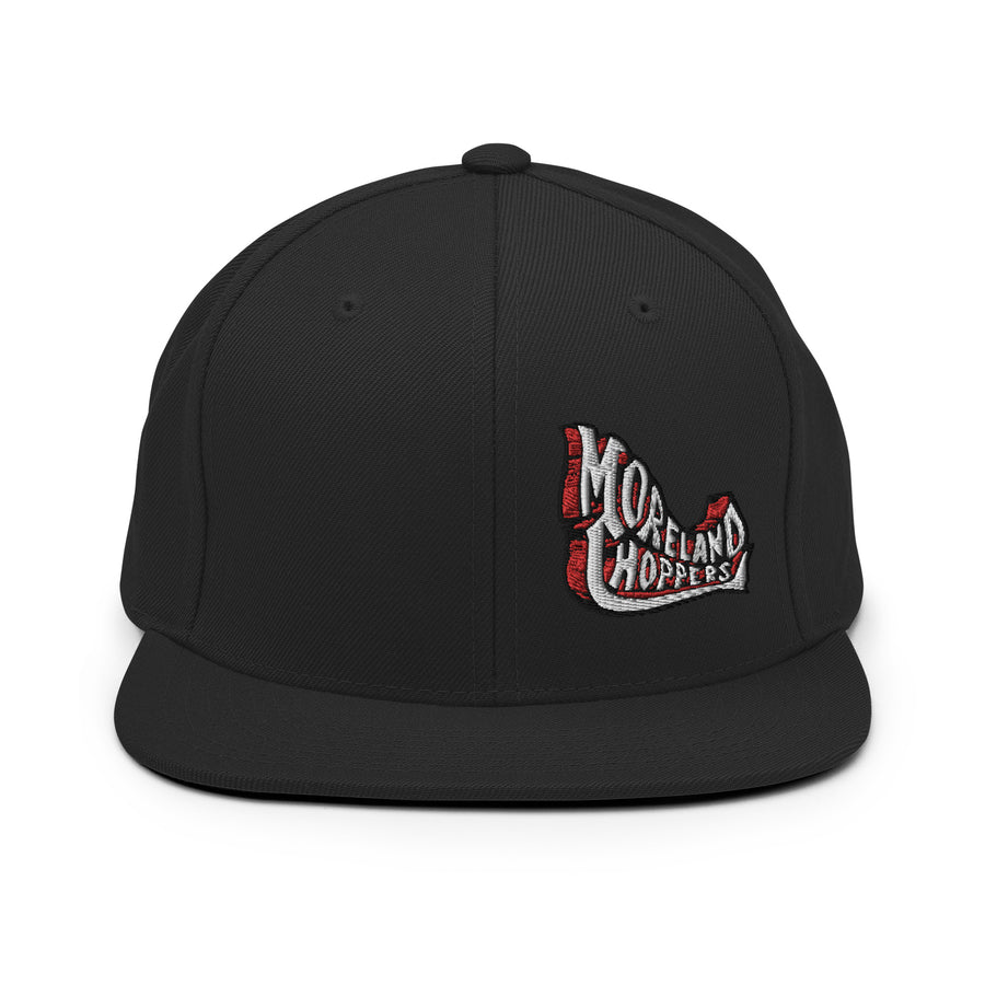 Moreland Choppers signature Snapback Hat in a sleek design, adorned with the iconic chopper emblem, representing Solana Beach's premier motorcycle legacy. Moreland Choppers signature Snapback Hat in a sleek design, adorned with the iconic chopper emblem, representing Solana Beach's premier motorcycle legacy.