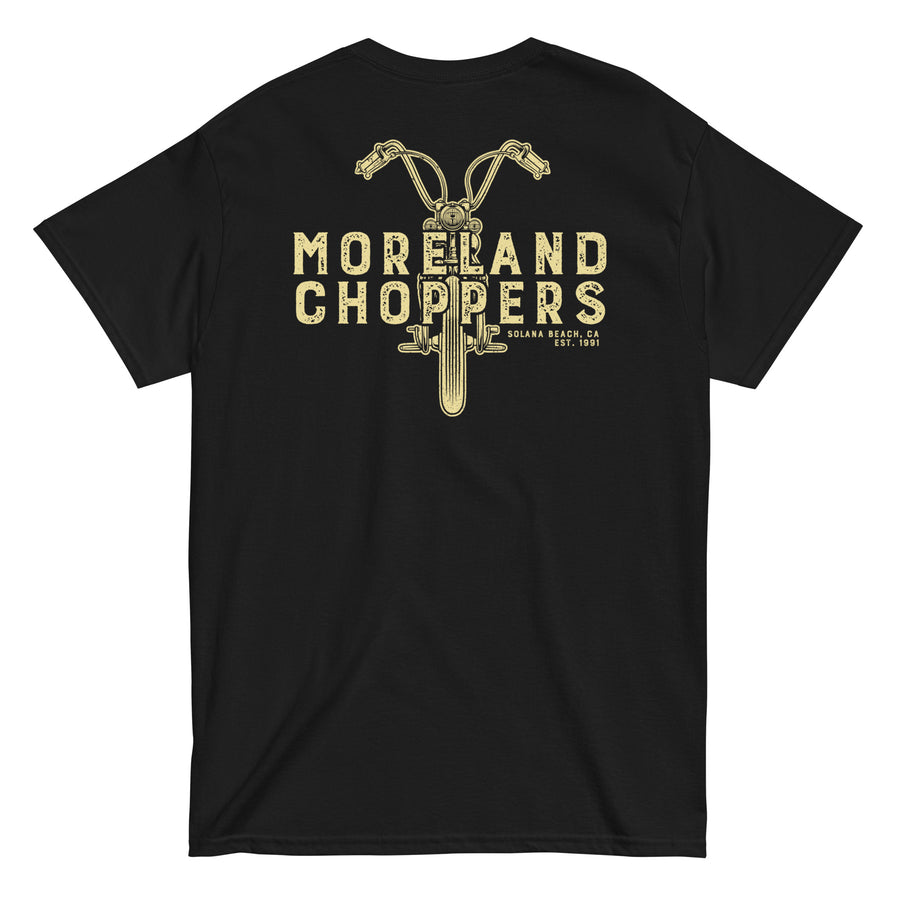 Moreland Choppers Solana Beach t-shirt featuring bold name and old school motorcycle graphic in retro-distressed style. Moreland Choppers Solana Beach t-shirt featuring bold name and old school motorcycle graphic in retro-distressed style.