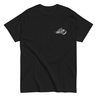 Moreland Choppers signature black t-shirt featuring a detailed design of a skeleton riding a chopper, embodying the adventurous spirit of Solana Beach's motorcycle heritage.