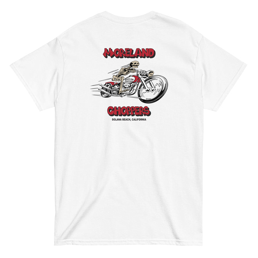 Moreland Choppers signature white t-shirt featuring a detailed design of a skeleton riding a chopper, embodying the adventurous spirit of Solana Beach's motorcycle heritage. Moreland Choppers signature white t-shirt featuring a detailed design of a skeleton riding a chopper, embodying the adventurous spirit of Solana Beach's motorcycle heritage.
