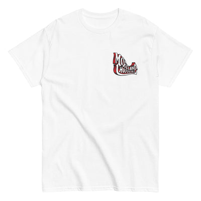 White Moreland Choppers signature Chopper Tee featuring classic motorcycle emblem, a nod to Solana Beach's motorcycle legacy.