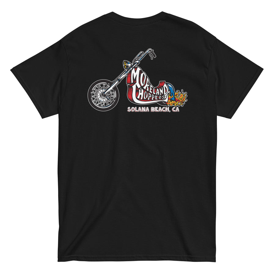 Black Moreland Choppers signature Chopper Tee showcasing iconic motorcycle design, representing Solana Beach's biking heritage.