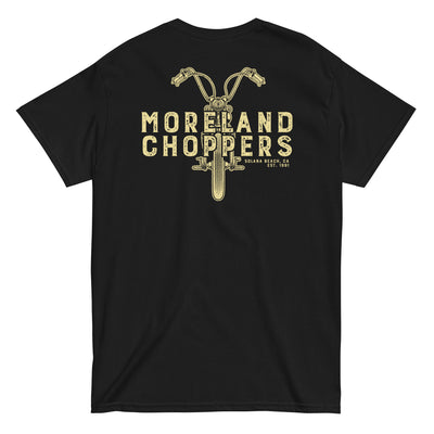Moreland Choppers Solana Beach t-shirt featuring bold name and old school motorcycle graphic in retro-distressed style.