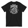 Moreland Choppers Solana Beach t-shirt with bold name, springer style chopper enveloped in flames and lightning bolts design.