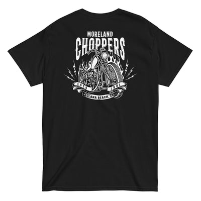 Moreland Choppers Solana Beach t-shirt with bold name, springer style chopper enveloped in flames and lightning bolts design.