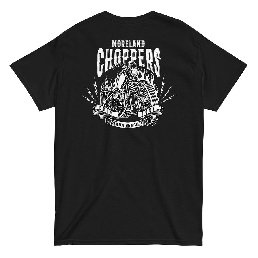 Moreland Choppers Solana Beach t-shirt with bold name, springer style chopper enveloped in flames and lightning bolts design.