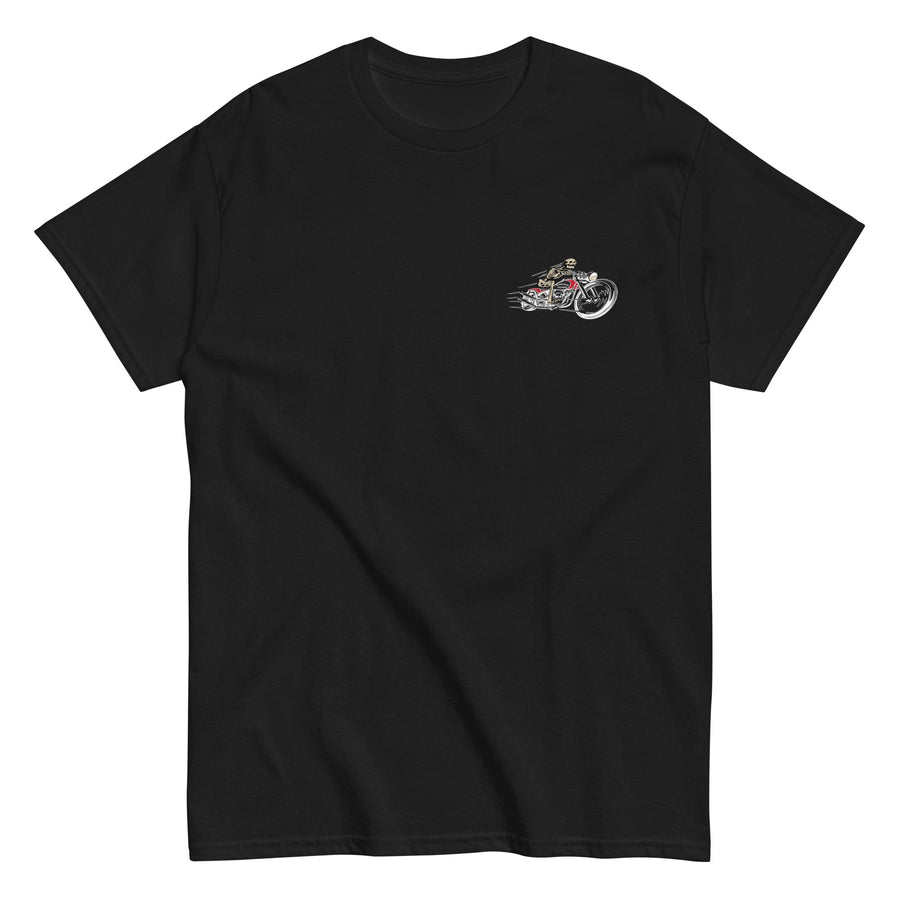 Moreland Choppers signature black t-shirt featuring a detailed design of a skeleton riding a chopper, embodying the adventurous spirit of Solana Beach's motorcycle heritage.