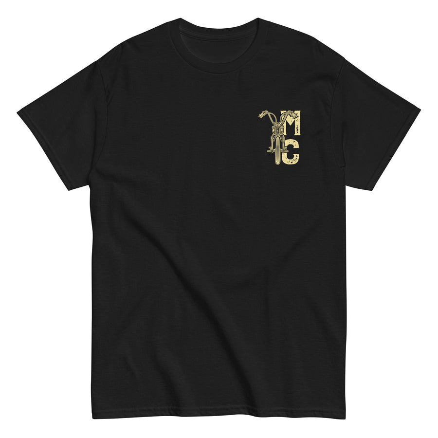 Moreland Choppers Solana Beach t-shirt featuring bold name and old school motorcycle graphic in retro-distressed style.