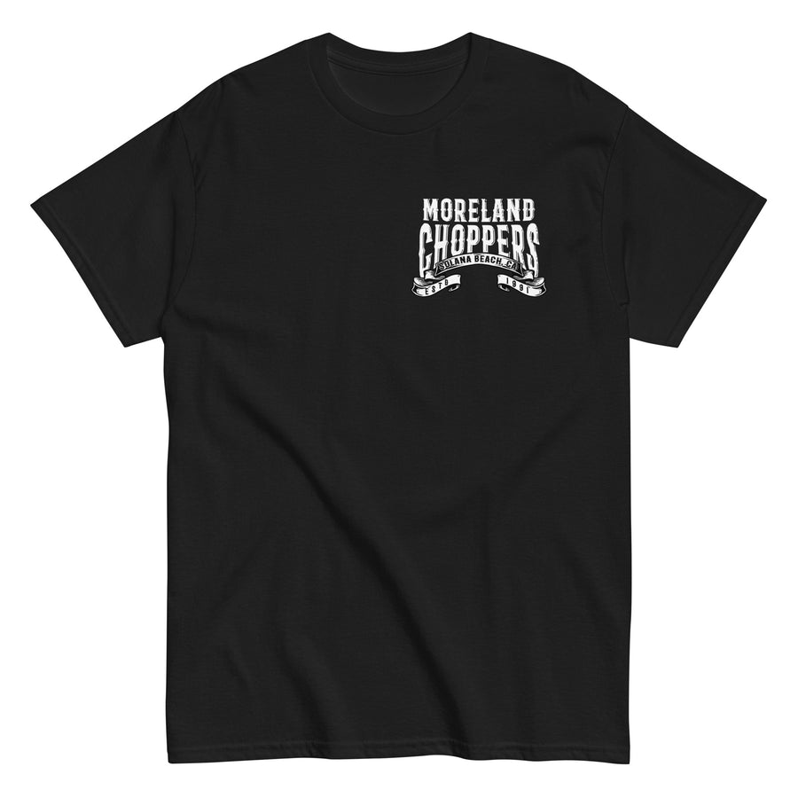 Moreland Choppers Solana Beach t-shirt with bold name, springer style chopper enveloped in flames and lightning bolts design.