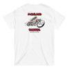 Moreland Choppers signature white t-shirt featuring a detailed design of a skeleton riding a chopper, embodying the adventurous spirit of Solana Beach's motorcycle heritage.