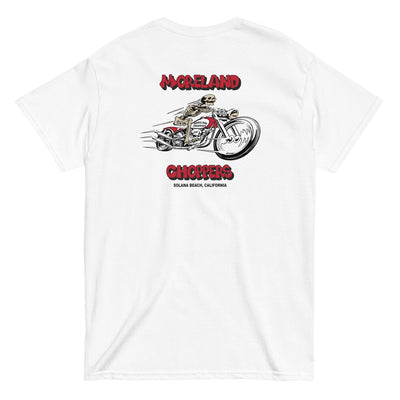 Moreland Choppers signature white t-shirt featuring a detailed design of a skeleton riding a chopper, embodying the adventurous spirit of Solana Beach's motorcycle heritage.