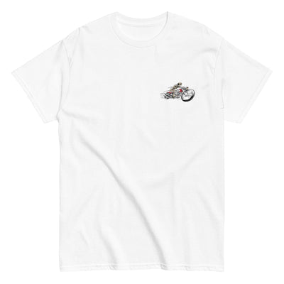 Moreland Choppers signature white t-shirt featuring a detailed design of a skeleton riding a chopper, embodying the adventurous spirit of Solana Beach's motorcycle heritage.