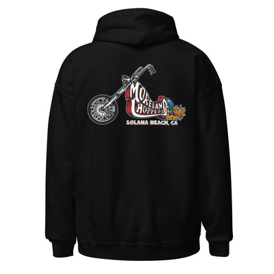Black Moreland Choppers signature Chopper Hoodie with emblematic motorcycle graphics, capturing the essence of Solana Beach's biking culture.