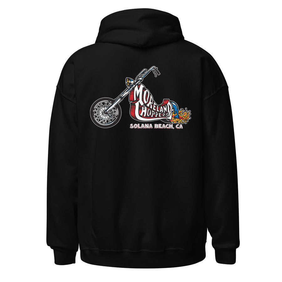 Black Moreland Choppers signature Chopper Hoodie with emblematic motorcycle graphics, capturing the essence of Solana Beach's biking culture.